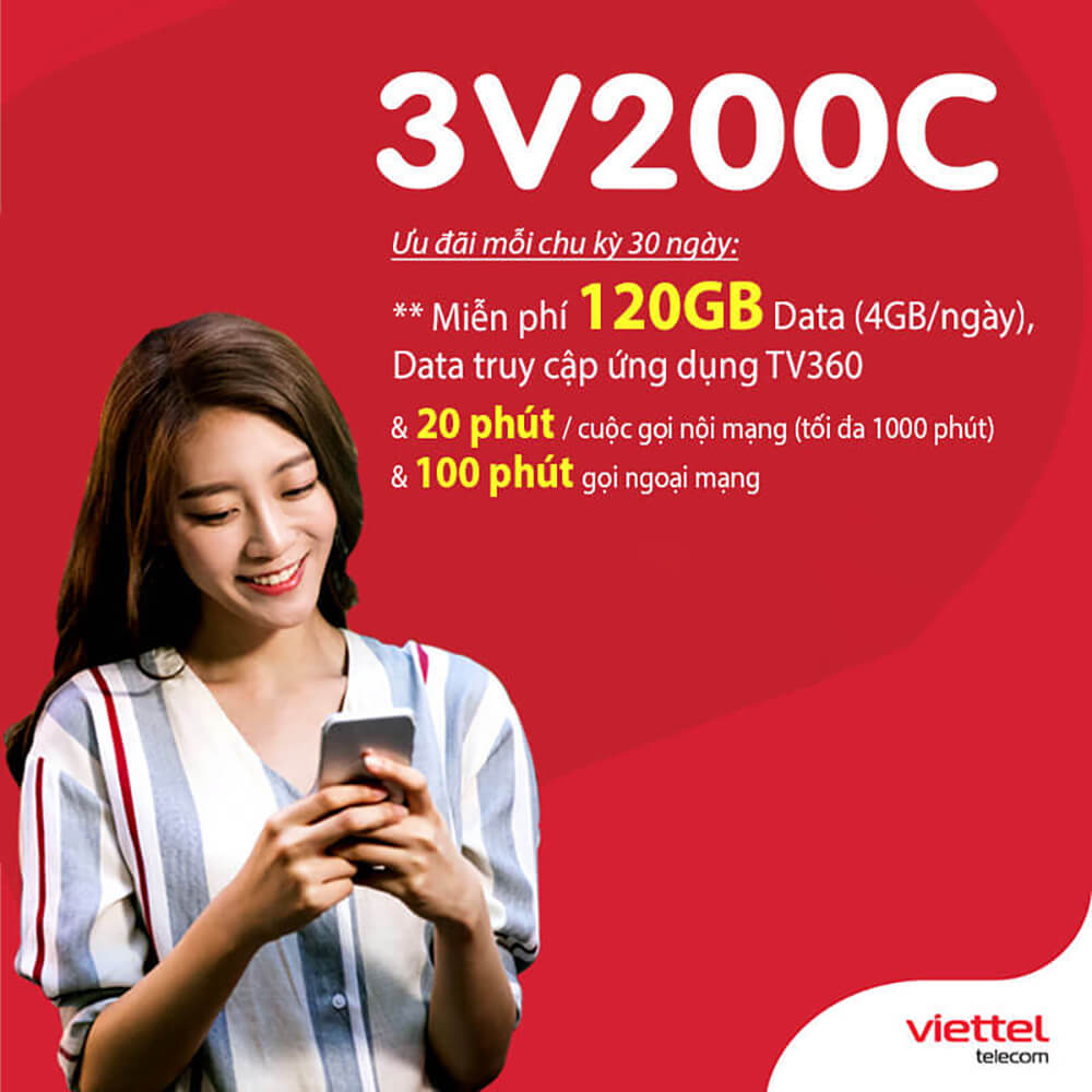 Gói 3V200C Viettel ưu đãi 360GB & Gọi thoại không giới hạn